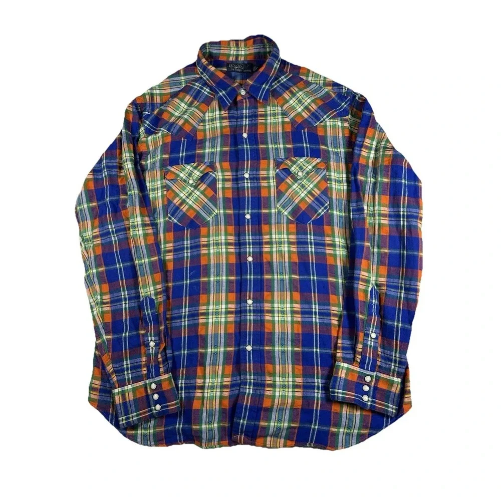 Polo Ralph Lauren Pearl Snap Men's XL Western Flannel Plaid Americana Rodeo VTG